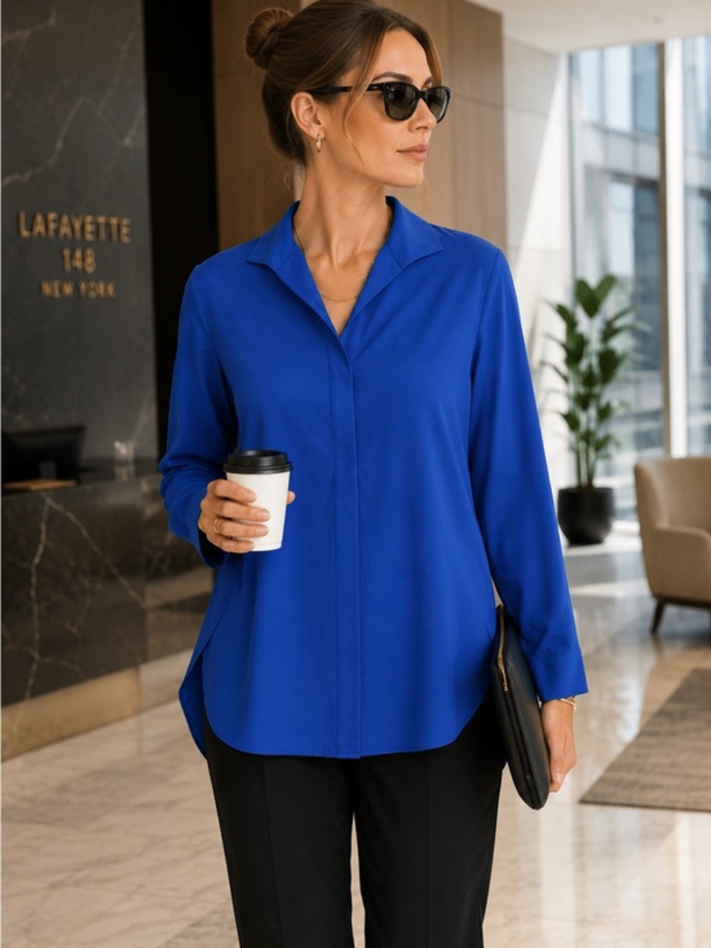 Lafayette 148 Royal Blue Stretch Blouse M Hidden Placket Career Office Top